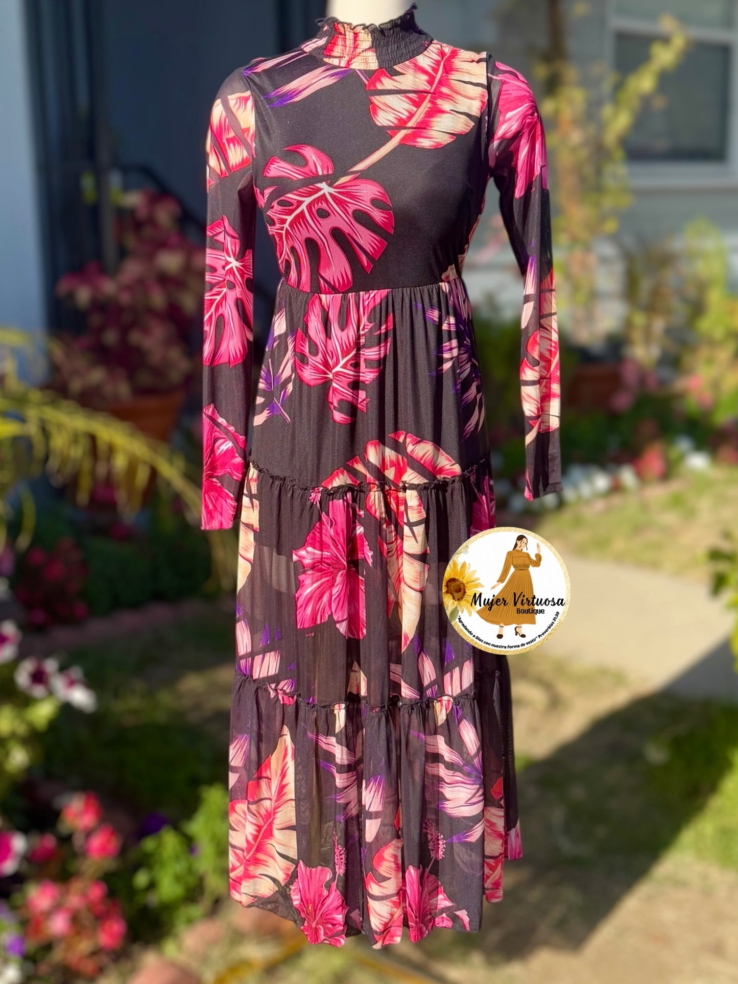 Mesh Black Floral High Neck Dress