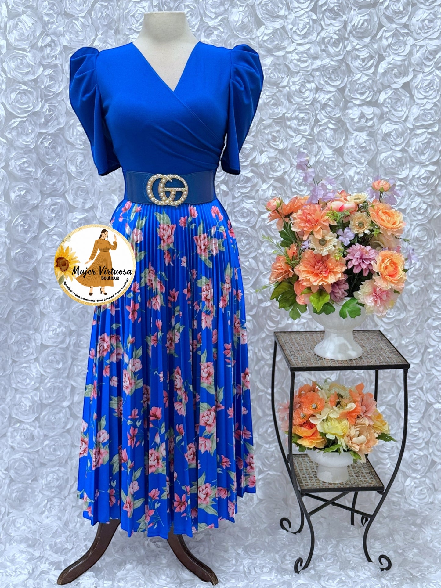 All Blue Crepe & Satin Pleated Dress