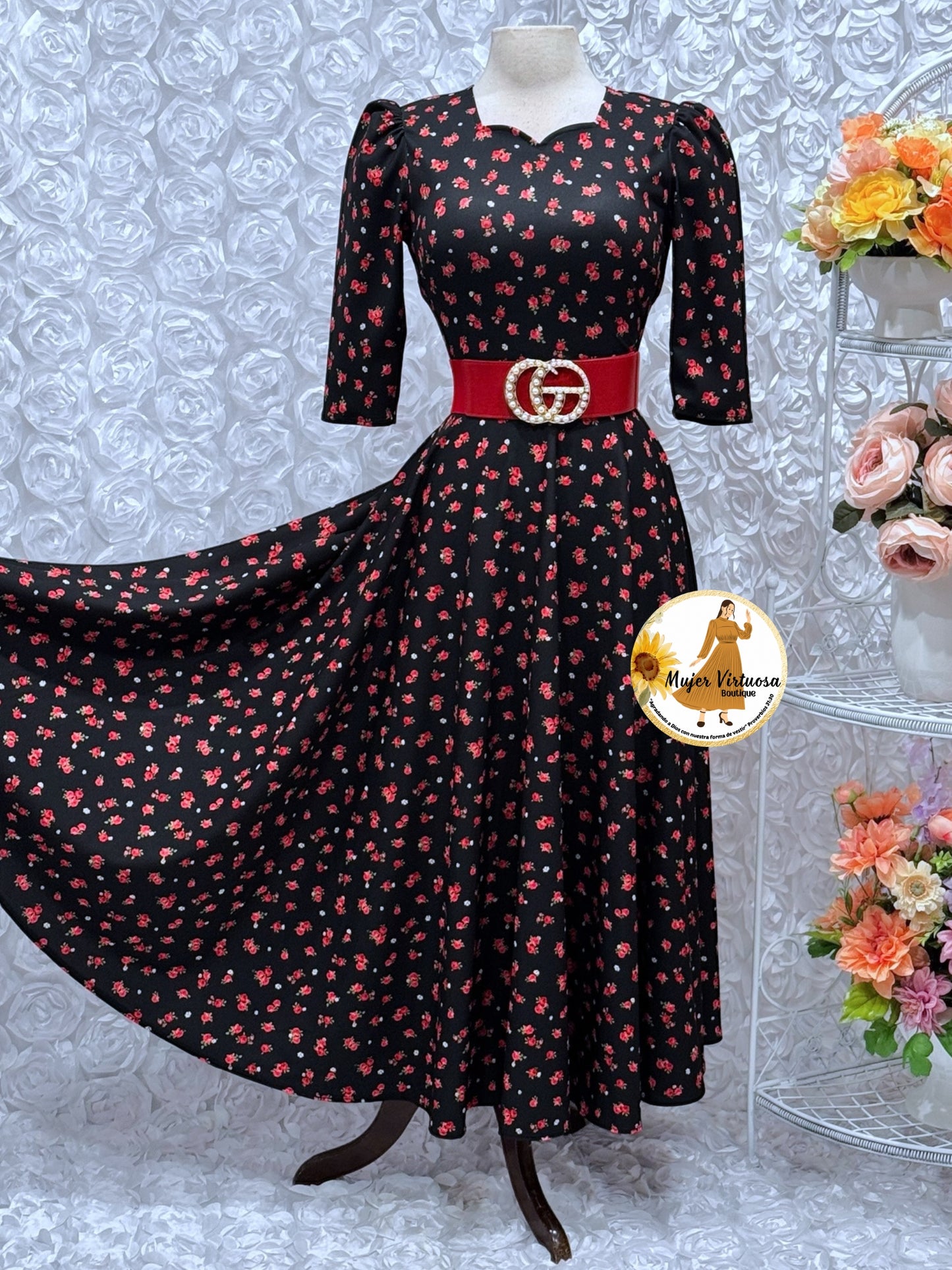 Lucy Black & Red Ditsy Floral Dress