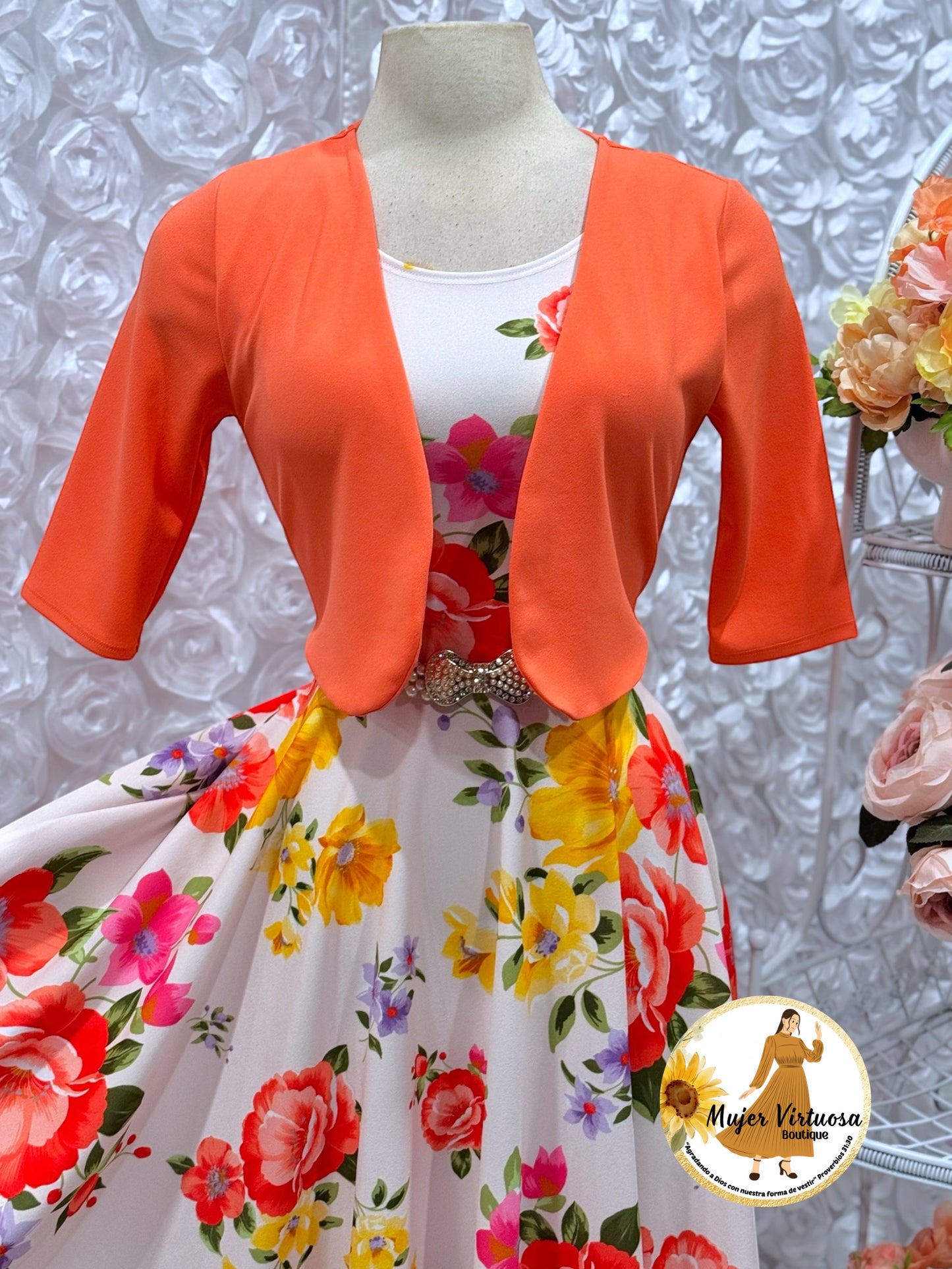 Clara Orange/White Floral Midi Dress