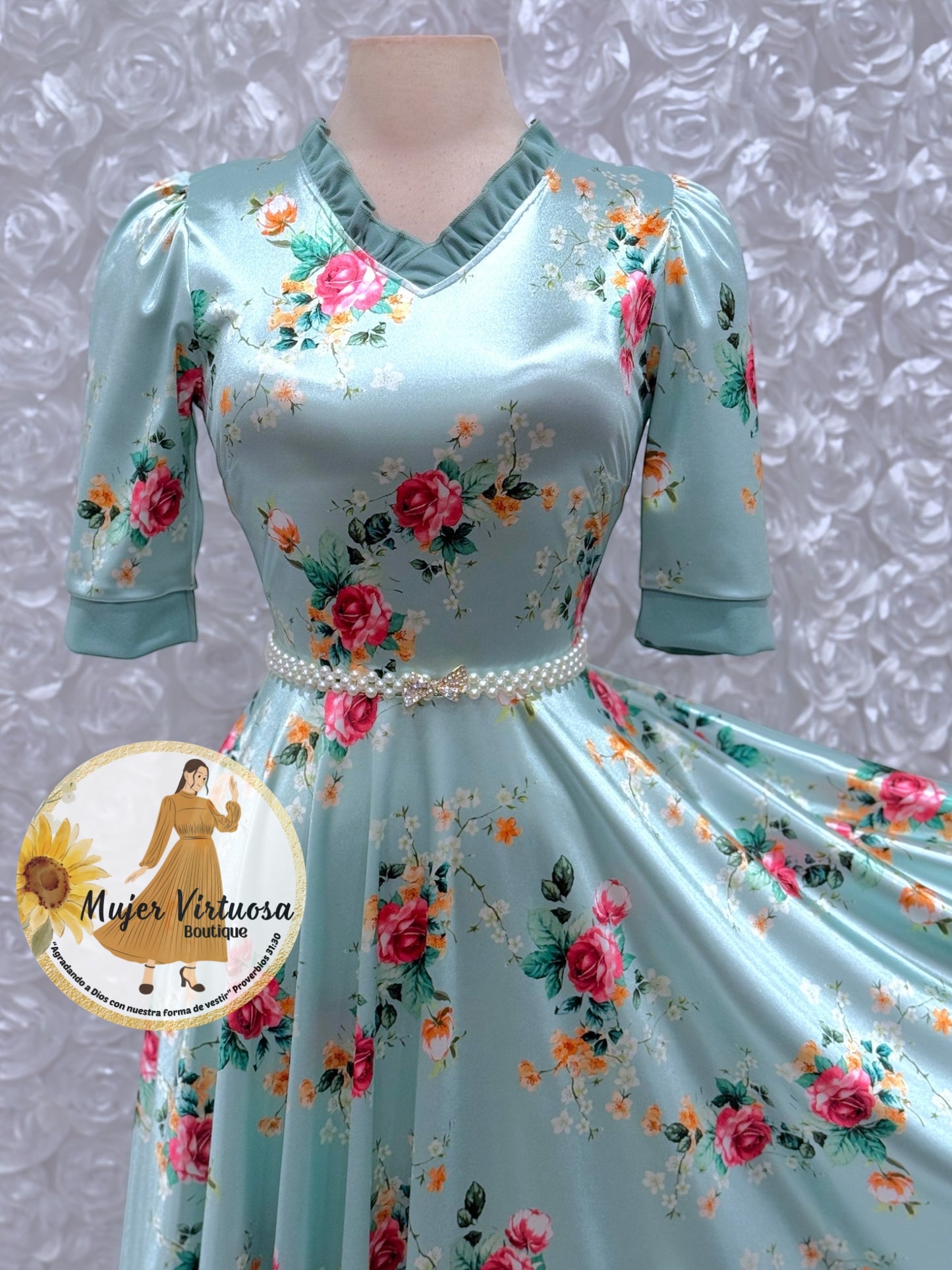 Vivian Sage Satin Floral Dress