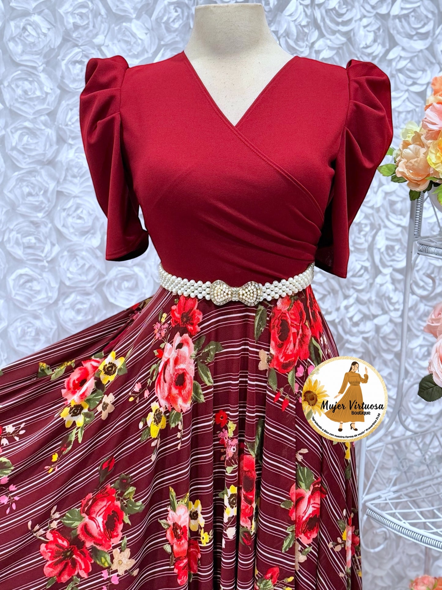 Susan Bungundy Floral Mesh Dress