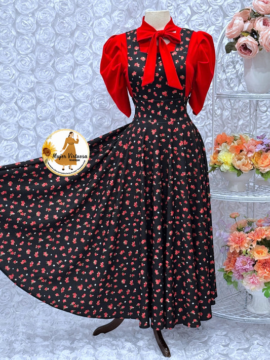 Angie Black/Red Ditsy Floral Overall