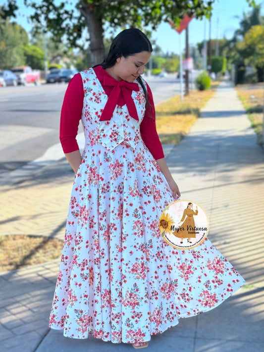 Sara White/Red Floral Vest Overall