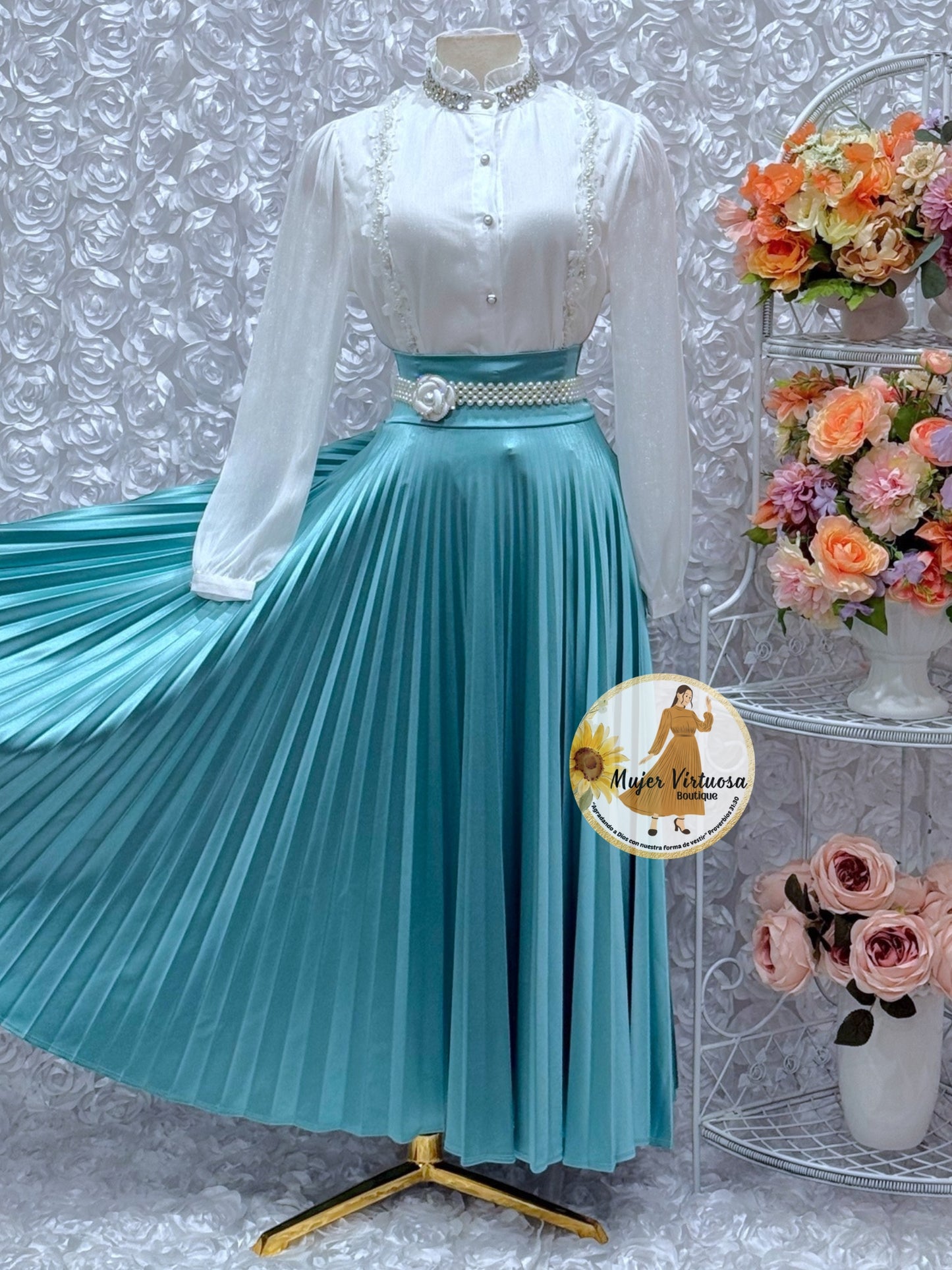 Aqua Blue Pleated Skirt