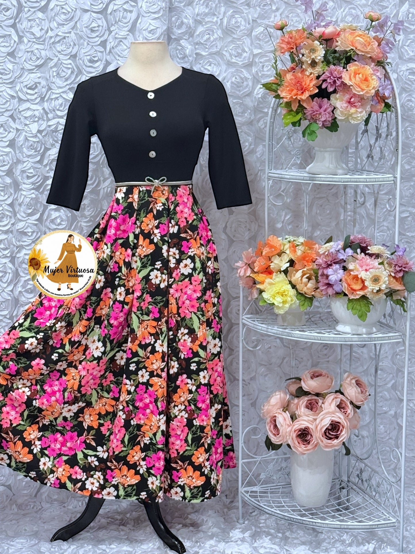 Black Floral Pleats Dress