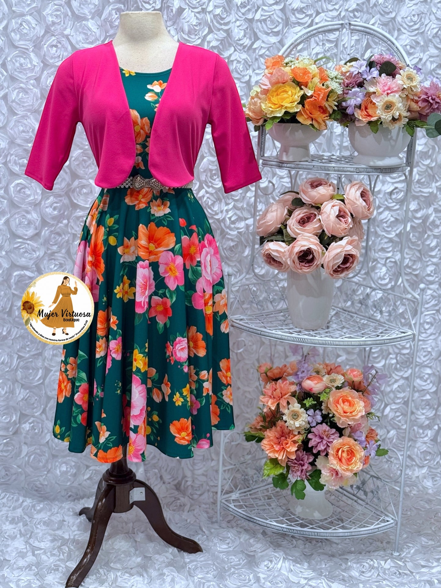 Clara Fucsia/Green Floral Midi Dress