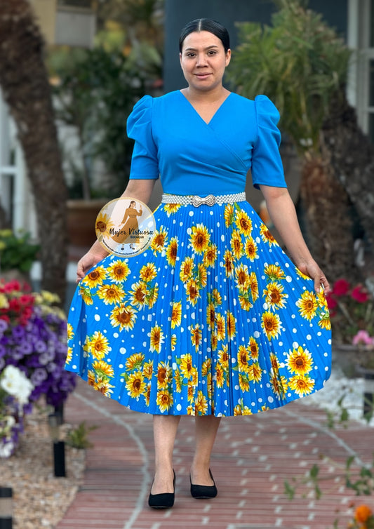 Aqua Sunflower Pleated Midi Dress