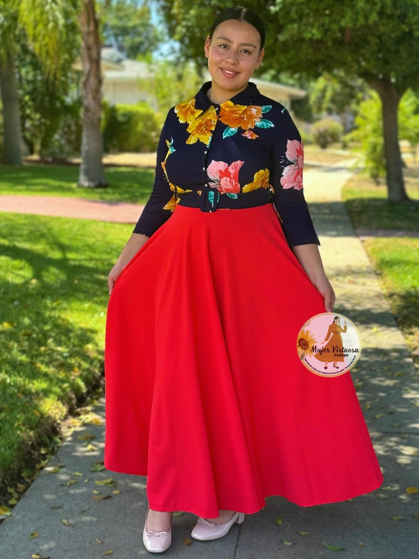 Hadassah Navy/Coral Belted Dress