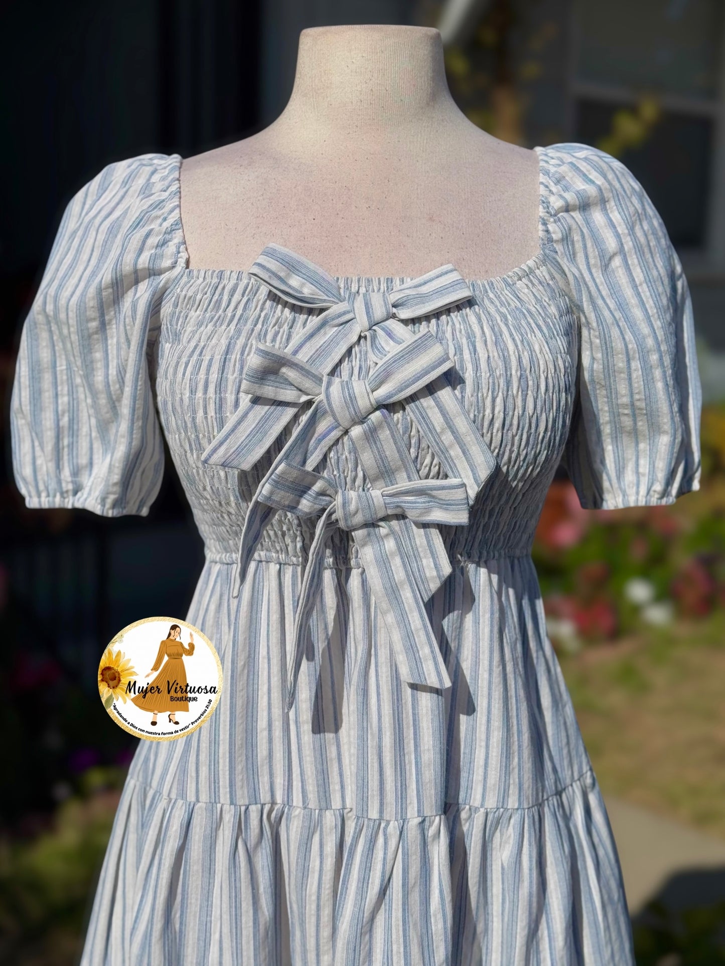 Three Bows White & Blue Striped Dress