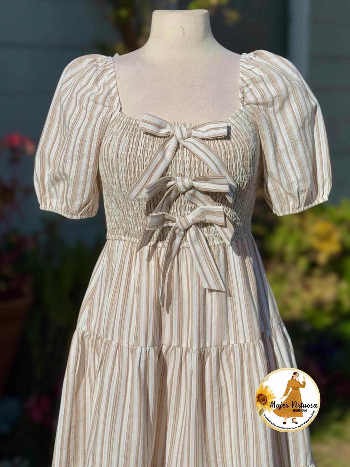 Three Bows White & Mocha Striped Dress