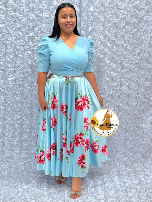 Susan Sky Blue Floral Satin Dress
