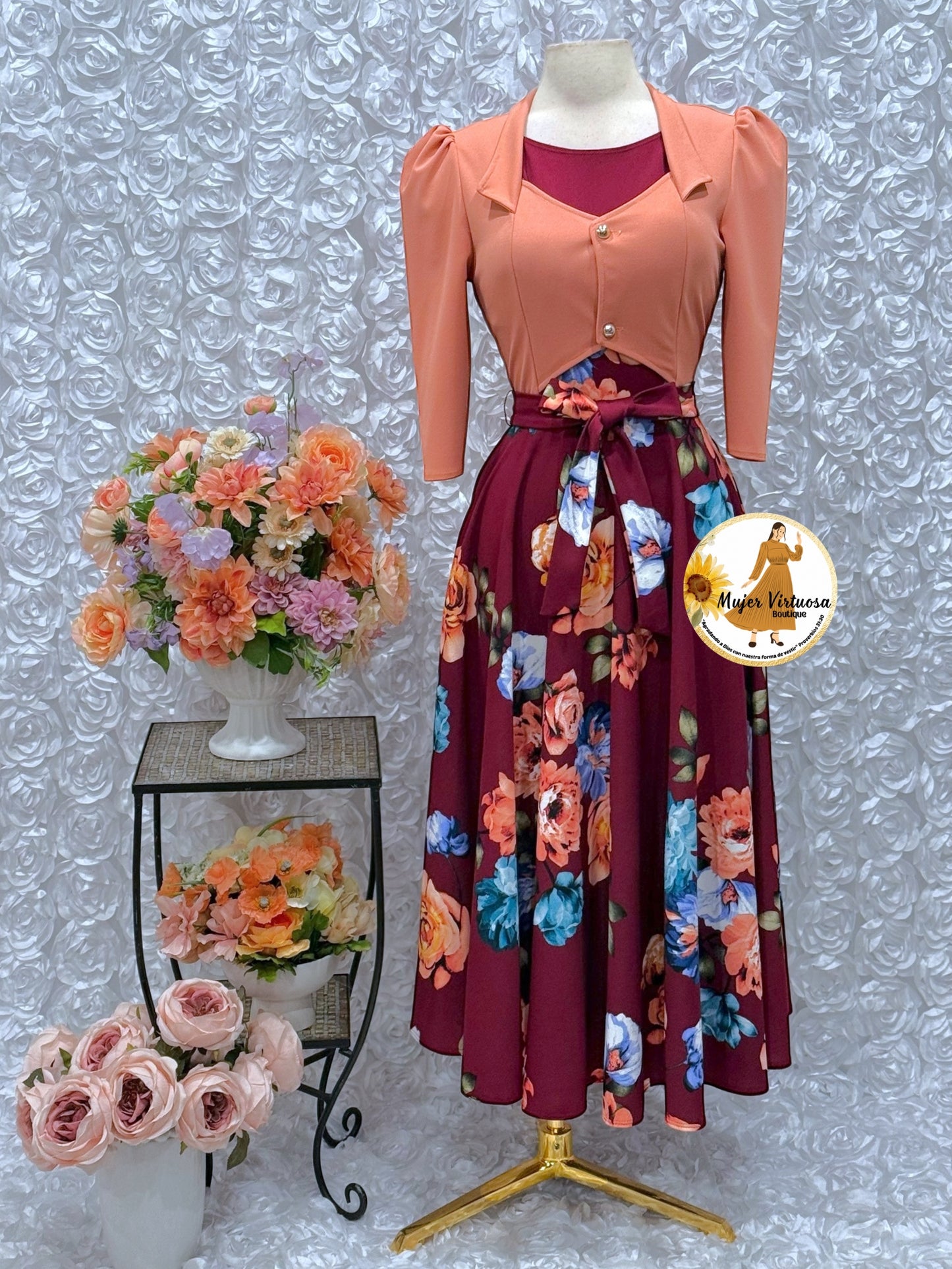 Salmon/Burgundy Floral Vest Dress
