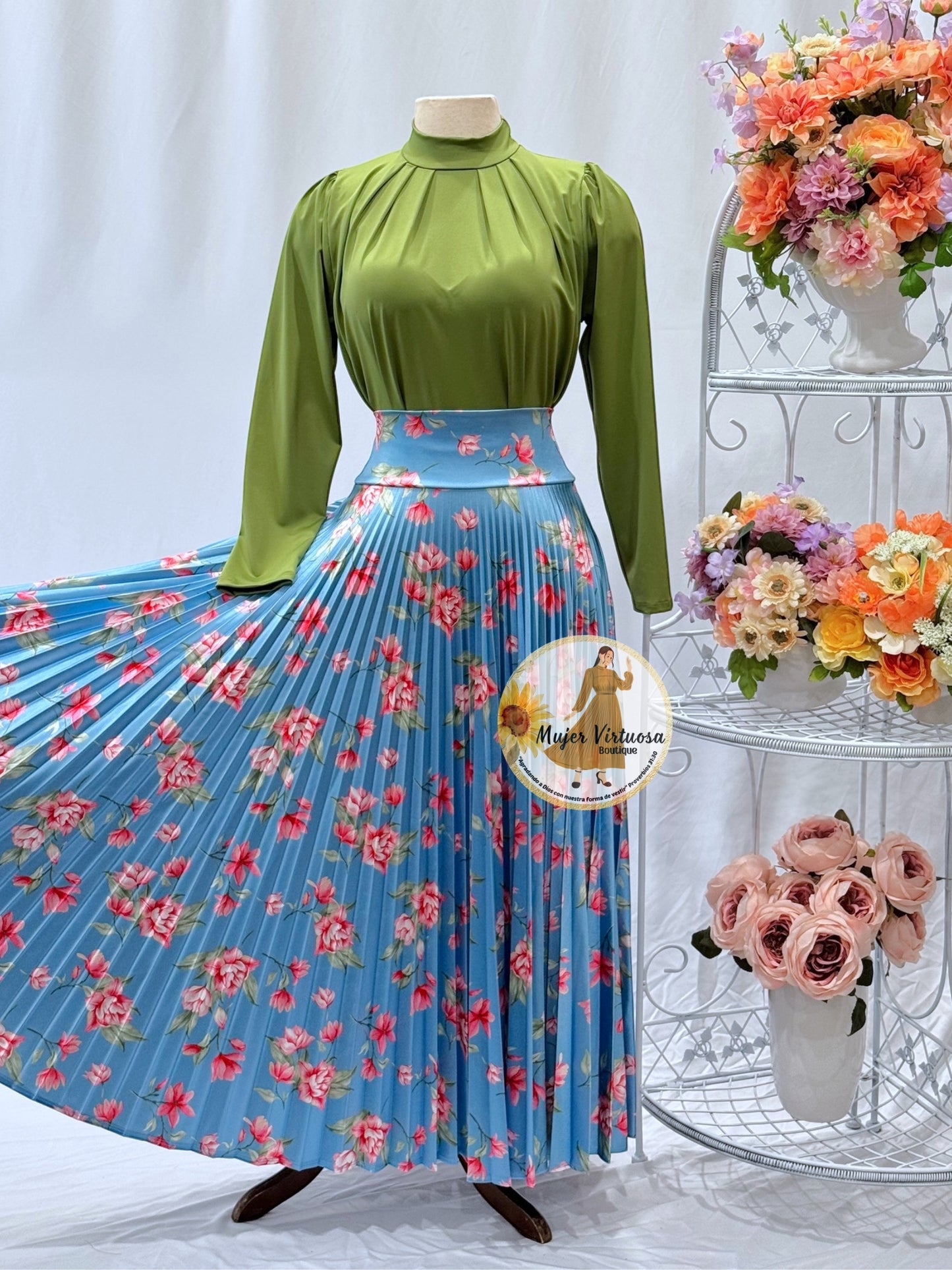 Baby Blue Floral Pleated Satin Skirt