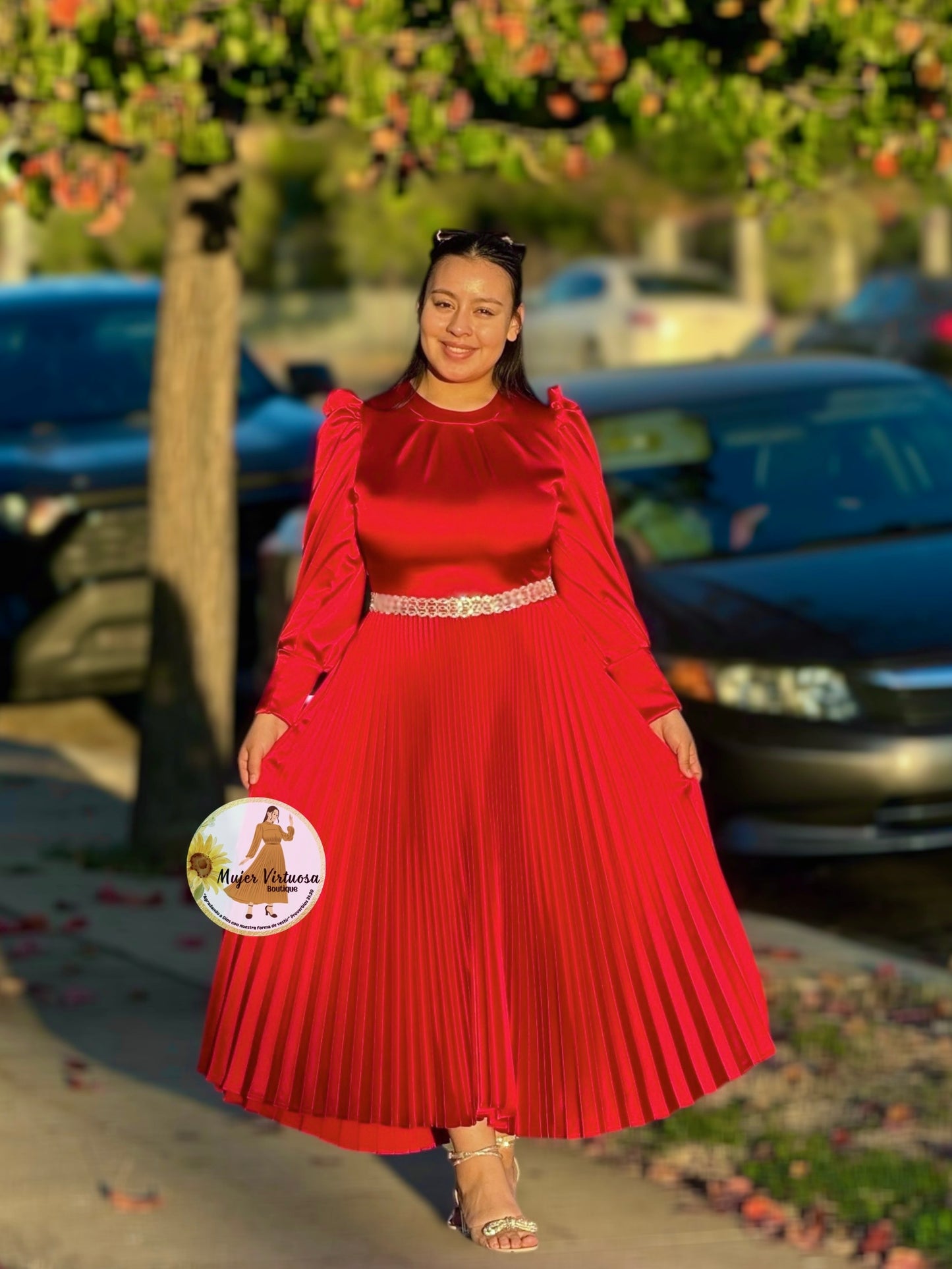 Litzy Red Satin Pleated Dress