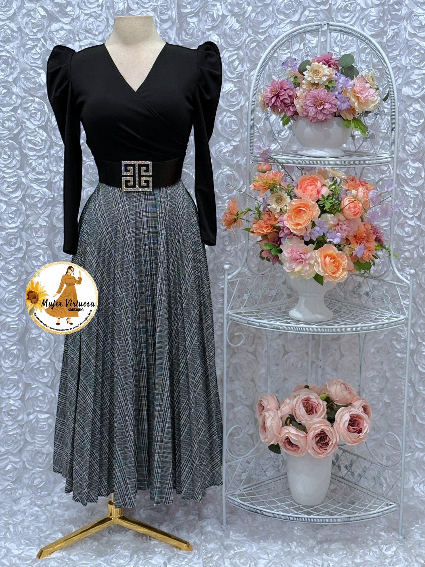 Yvette Black/Grey Plaid Dress