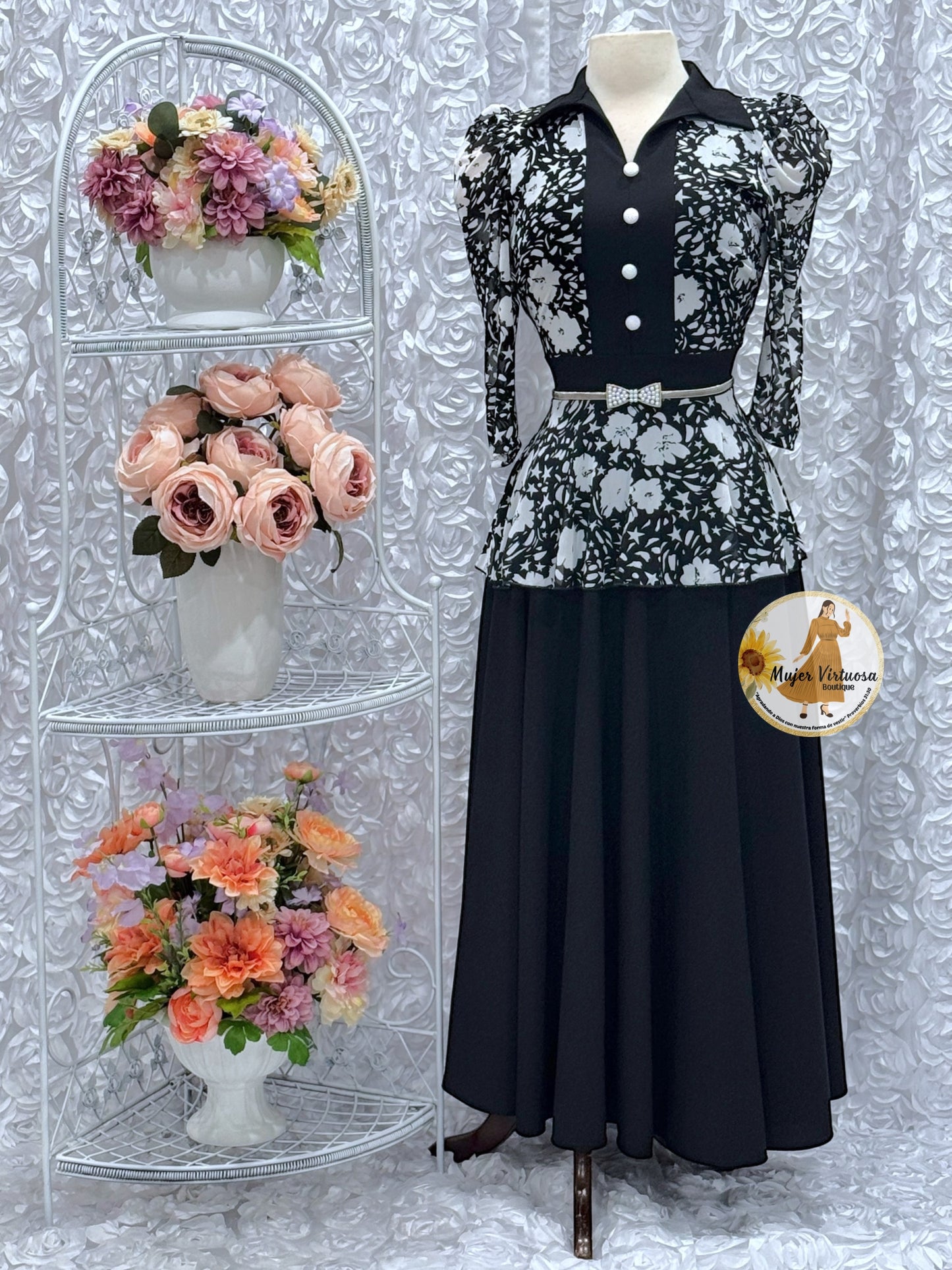 Analy Black & White Flowers Dress