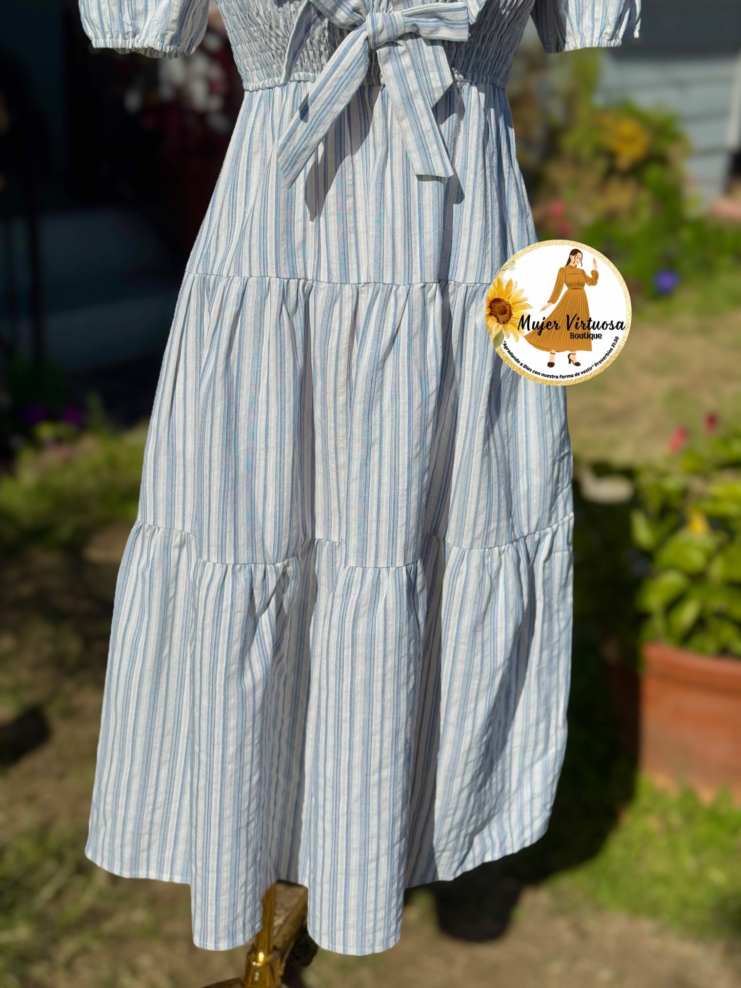 Three Bows White & Blue Striped Dress