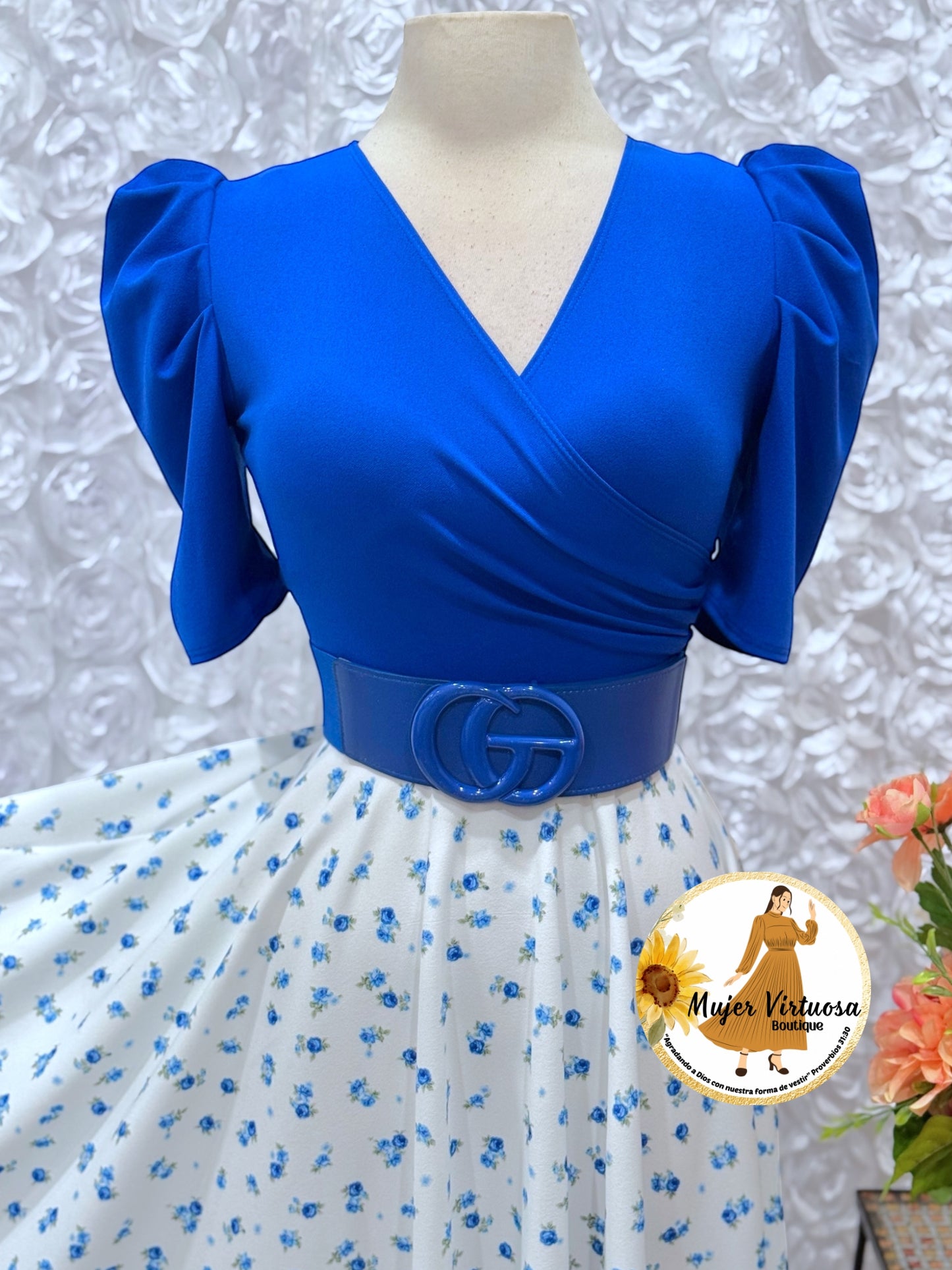 Susan Royal Blue/White Floral Dress