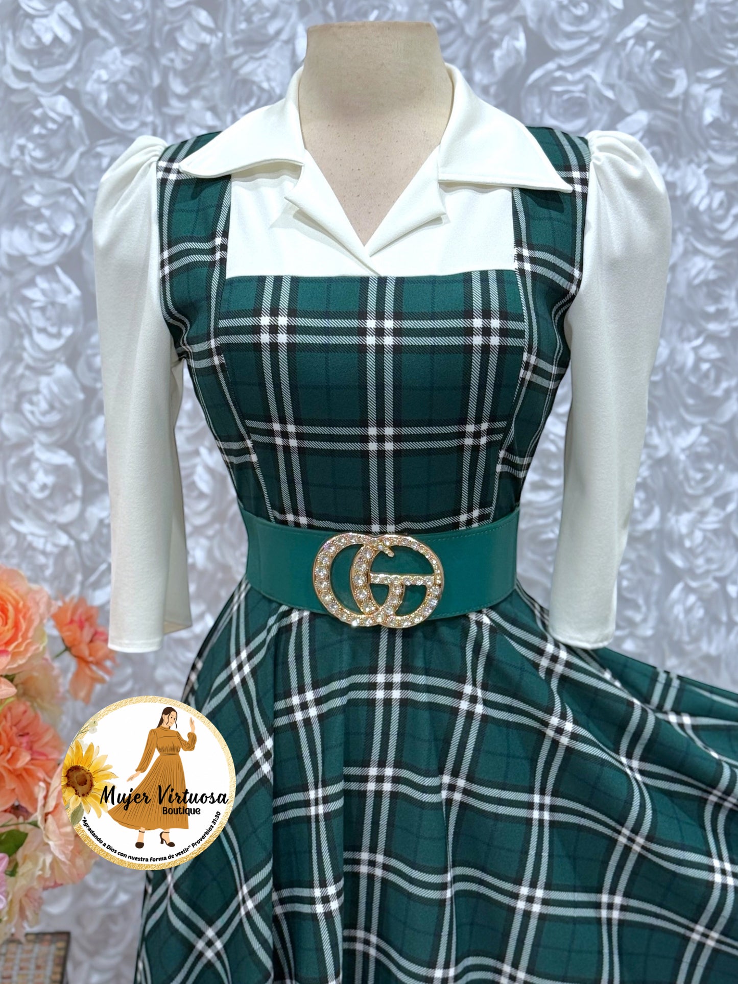 White/Green Plaid 2 in 1 Dress