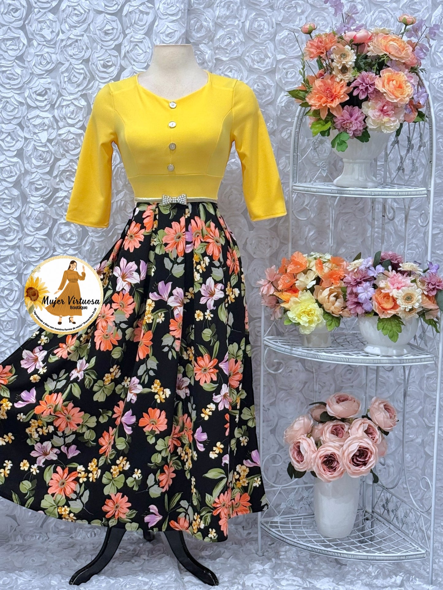 Canary Yellow Floral Pleats Dress
