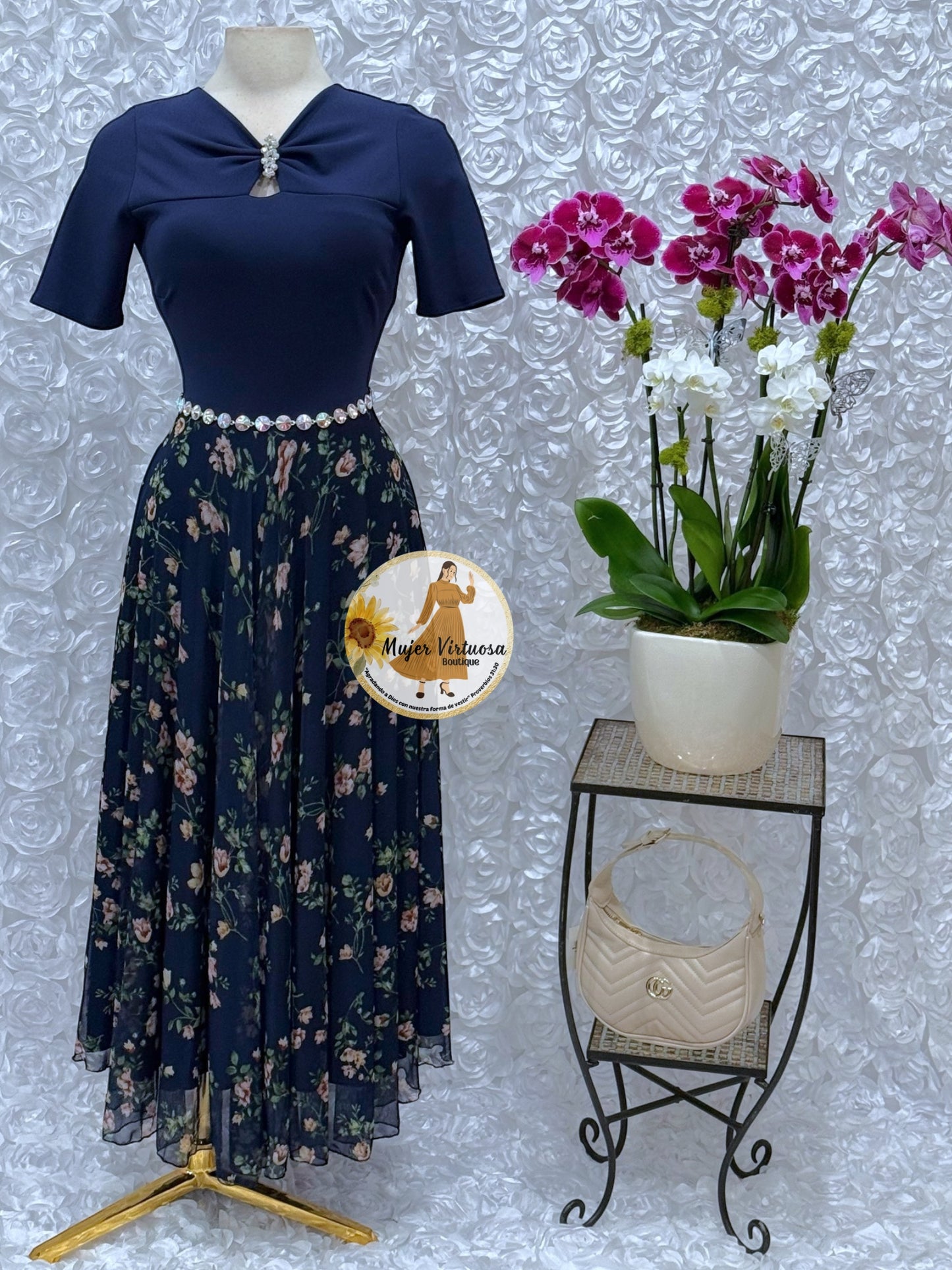 Sandy Navy Floral Mesh Dress