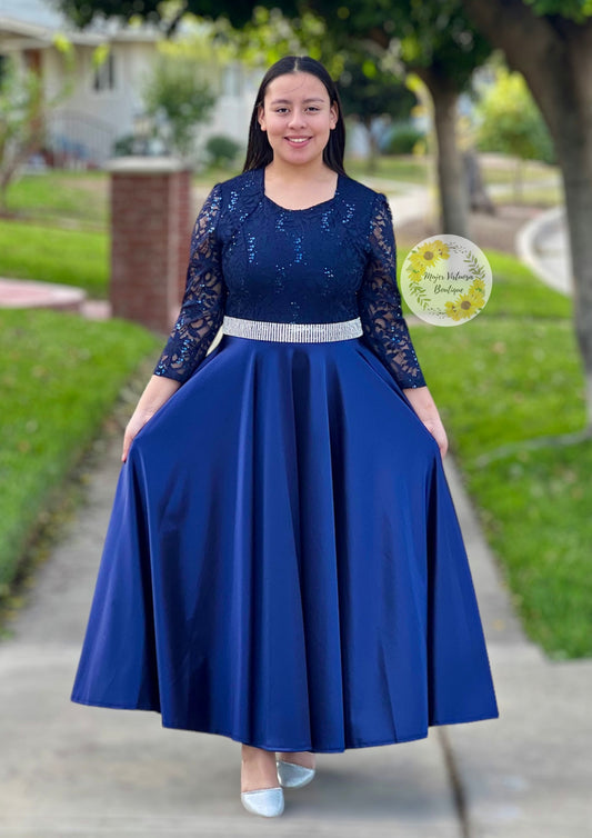 Eunice Navy Satin & Lace Dress