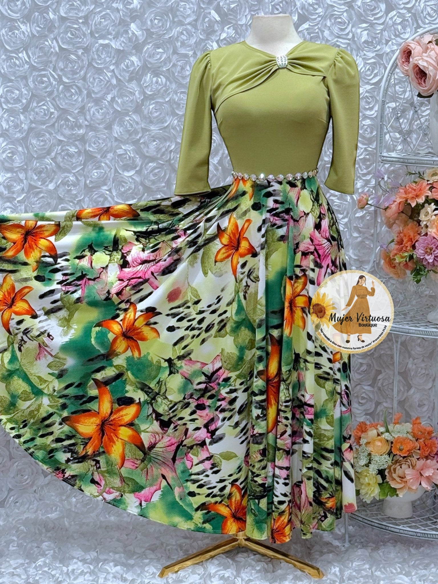 Rosalie Olive Green Floral Dress Small