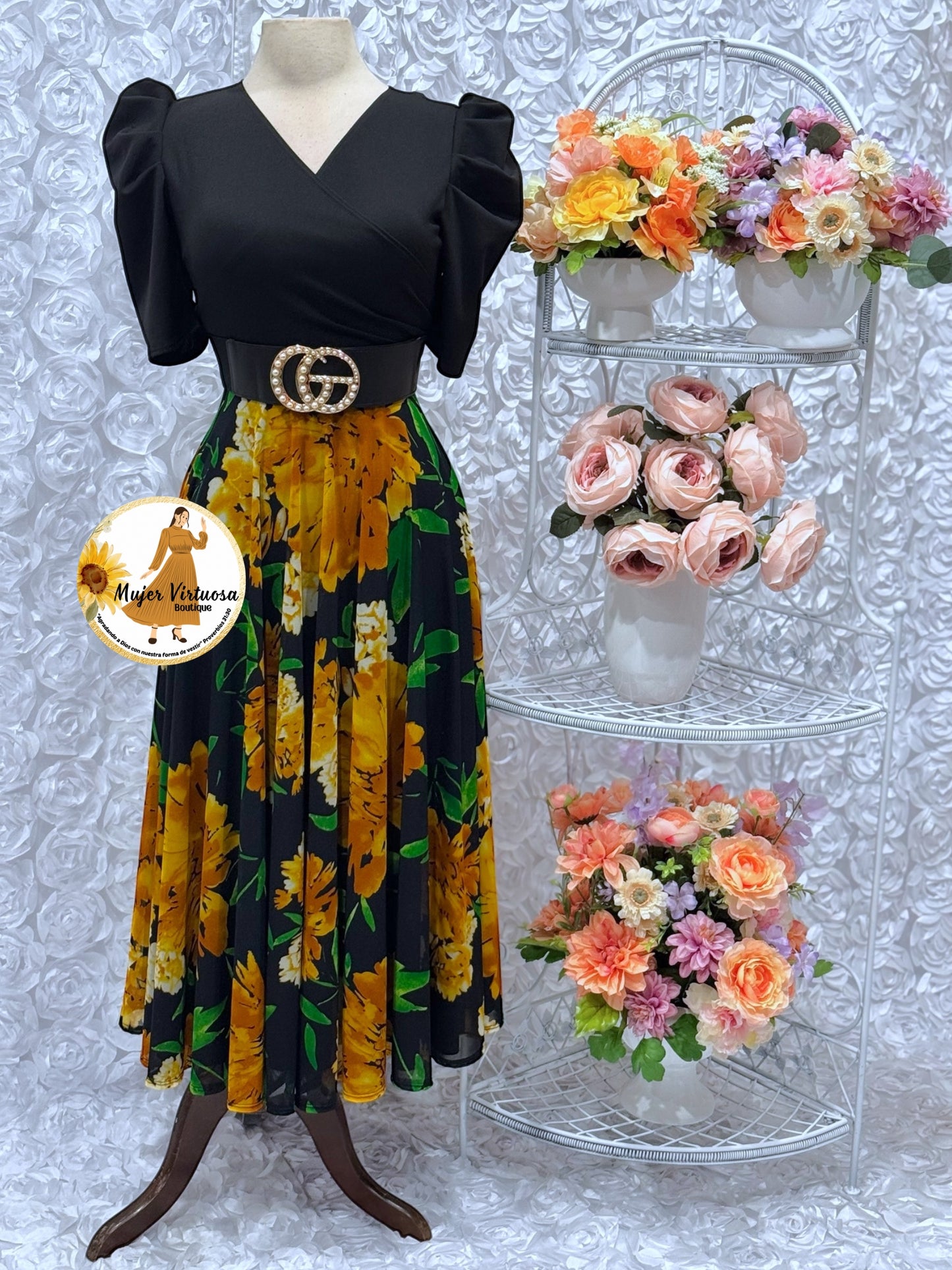 Susan Black Floral Mesh Dress