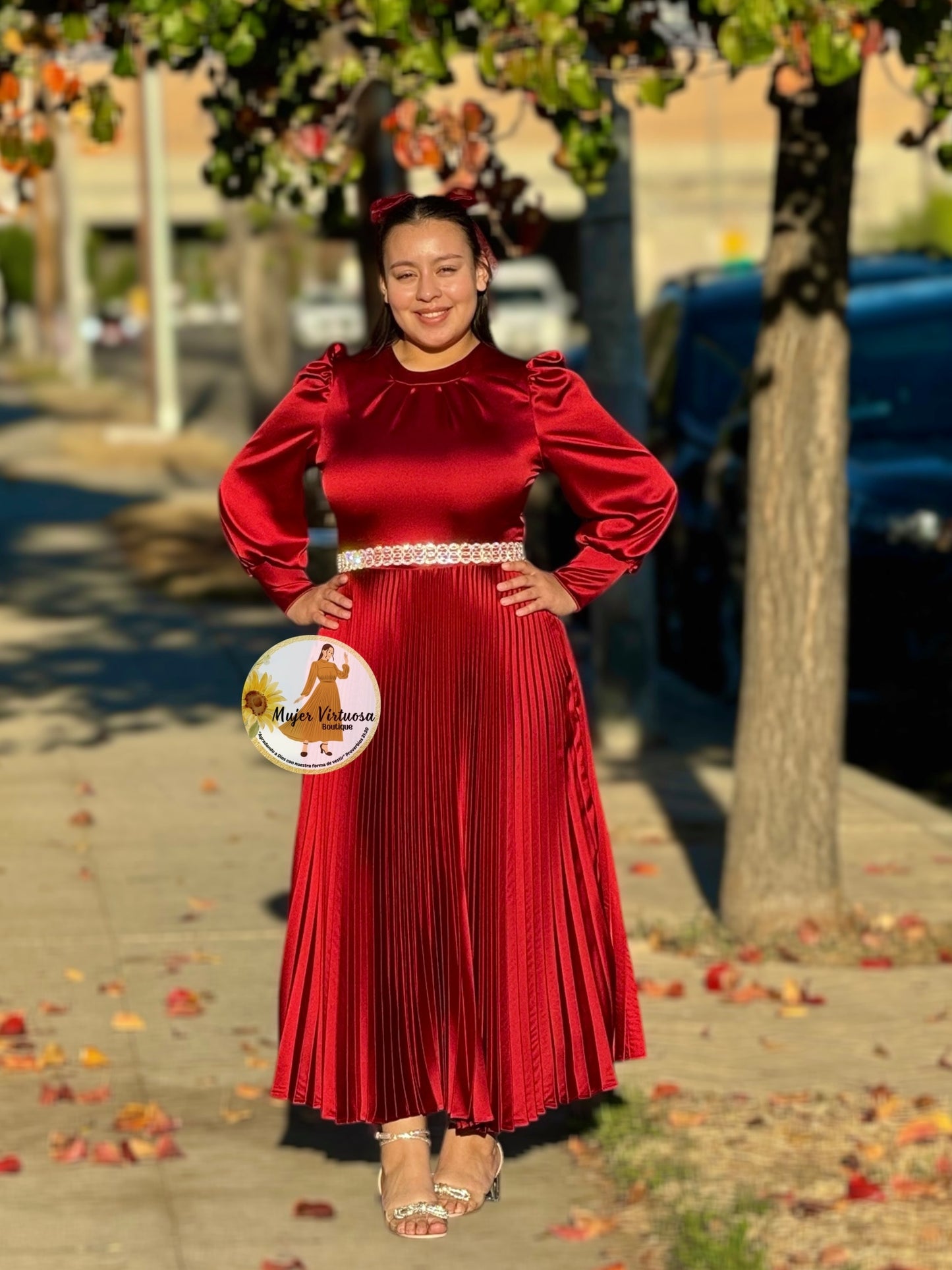 Litzy Burgundy Satin Pleated Dress