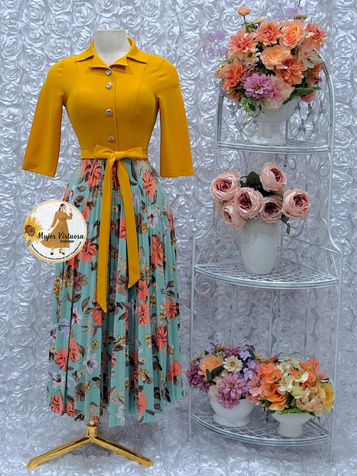 Eliza Mustard/Green Floral Dress
