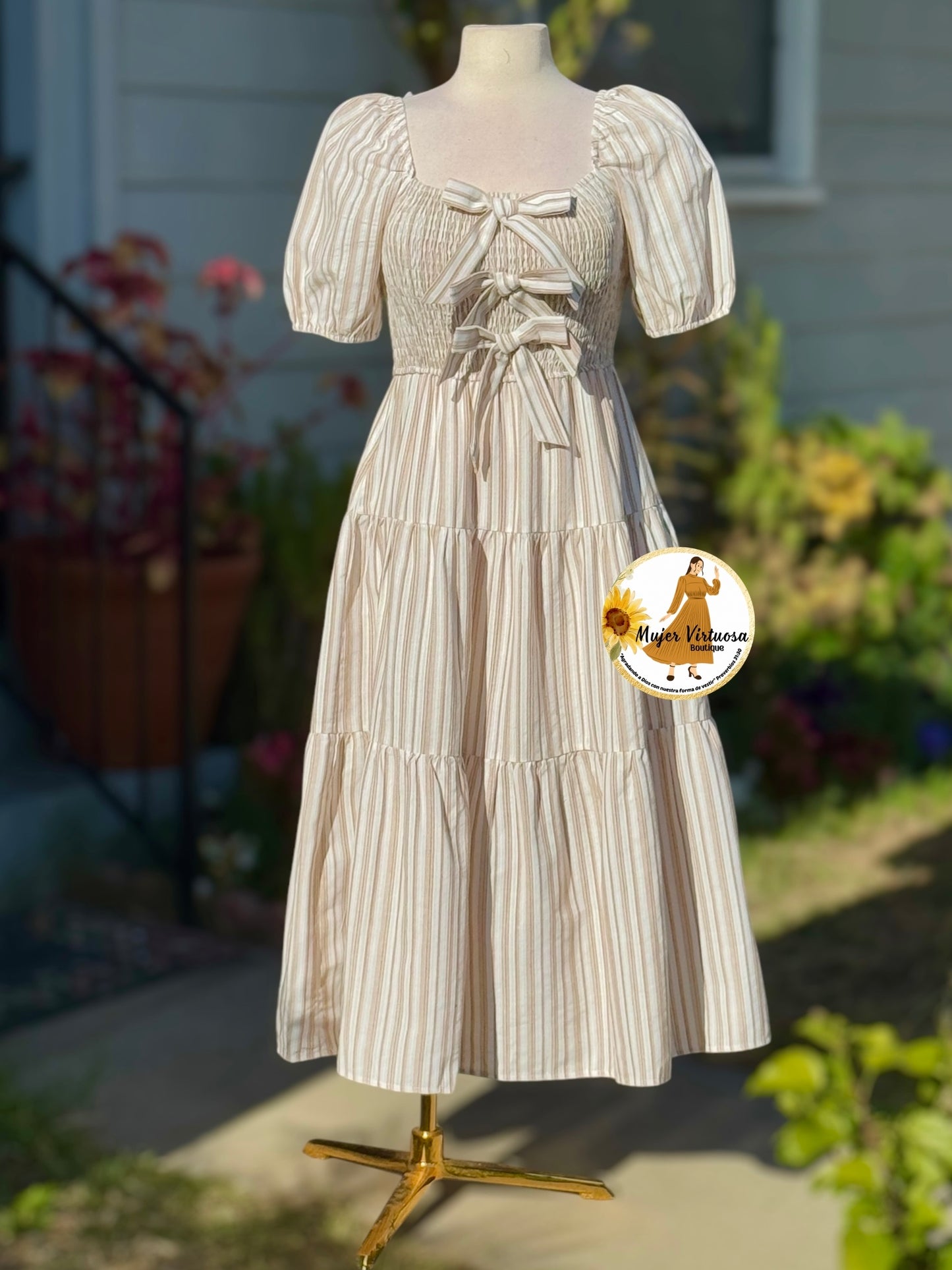 Three Bows White & Mocha Striped Dress
