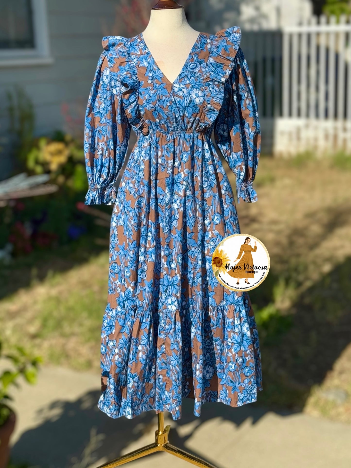 Mocha/Blue Floral Midi Dress