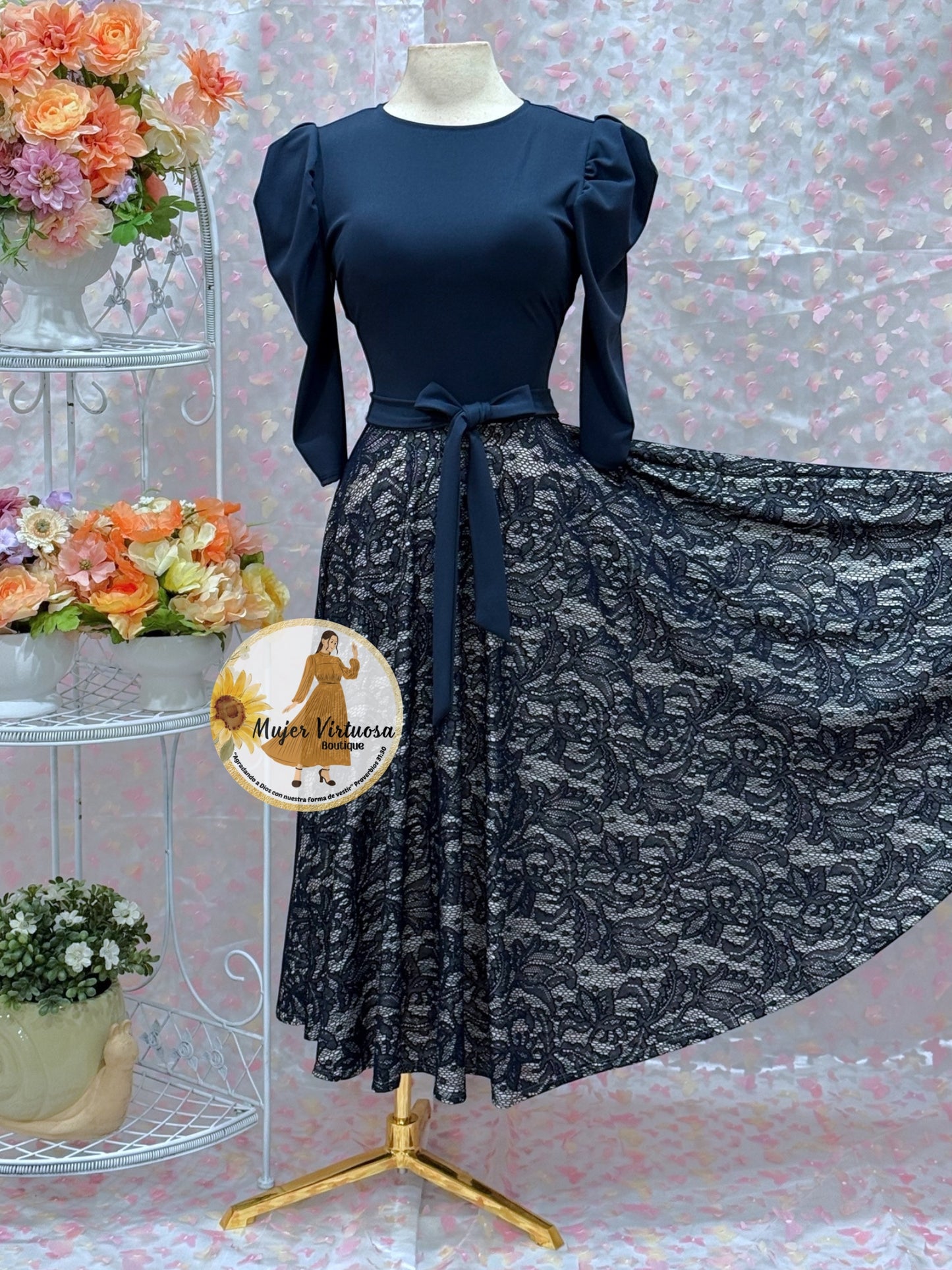 Navy Lace Midi Dress