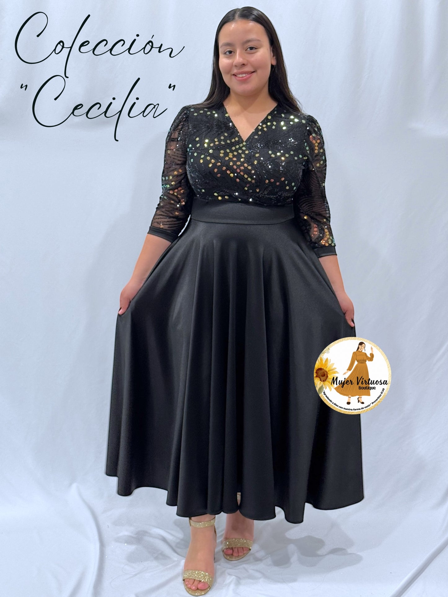 Cecilia Black Sequin Satin Dress
