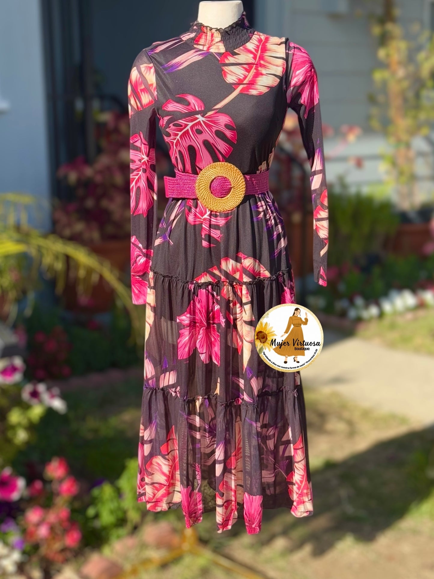 Mesh Black Floral High Neck Dress