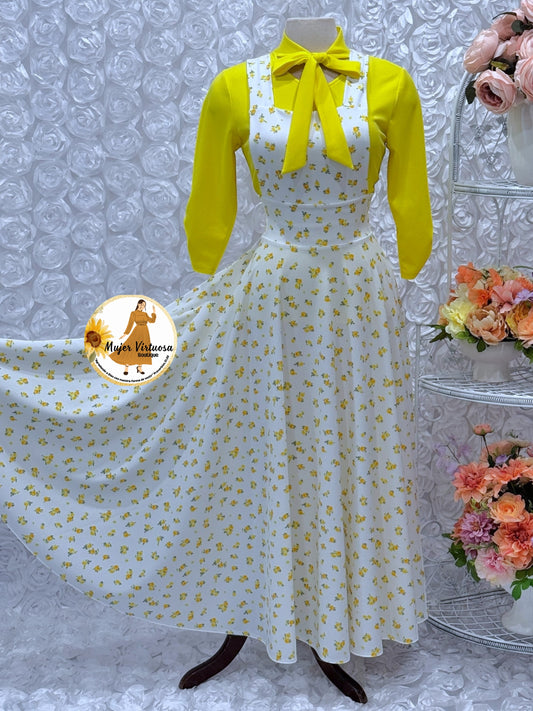 Angie Yellow & White Ditsy Floral Overall