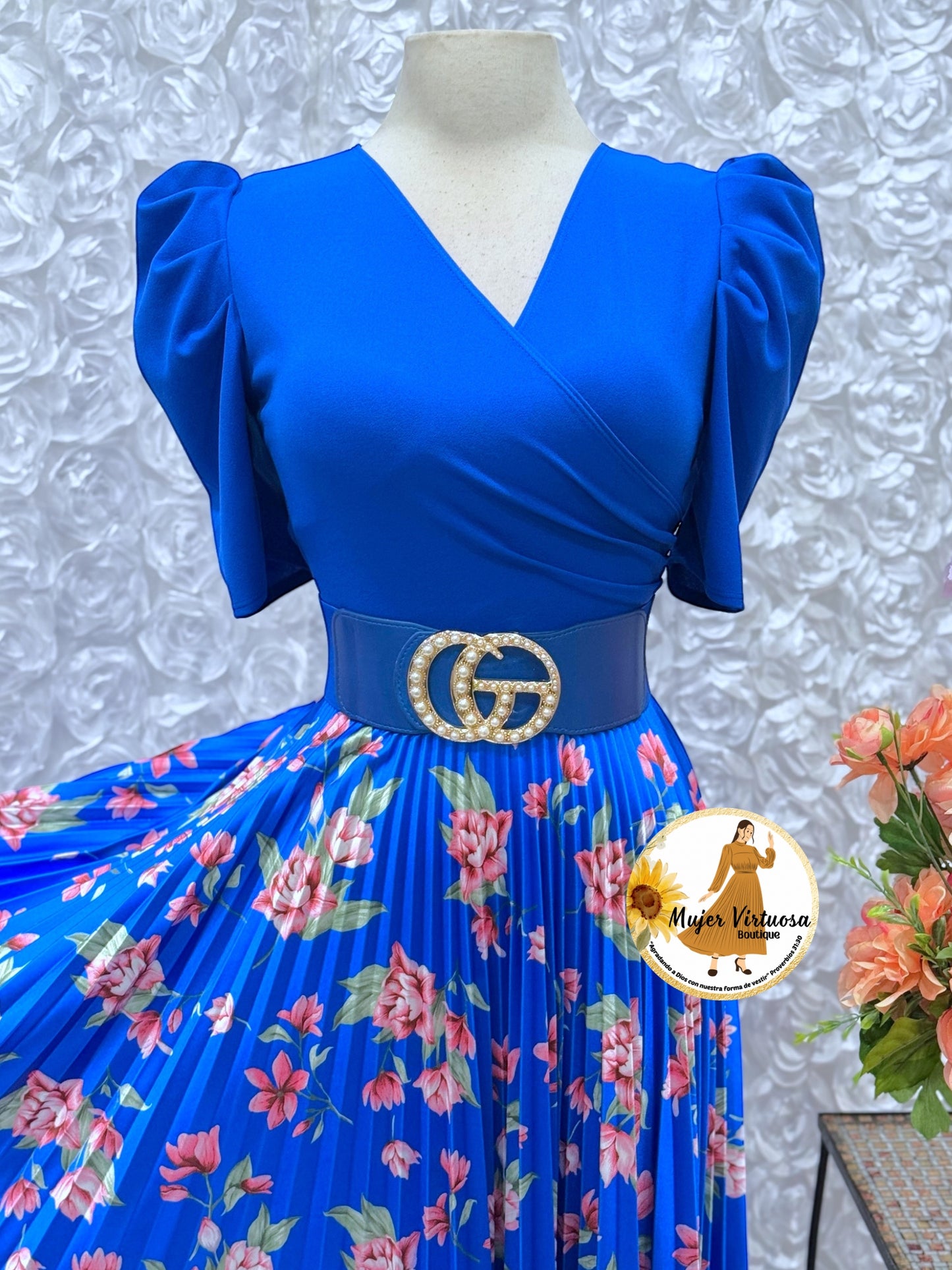 All Blue Crepe & Satin Pleated Dress