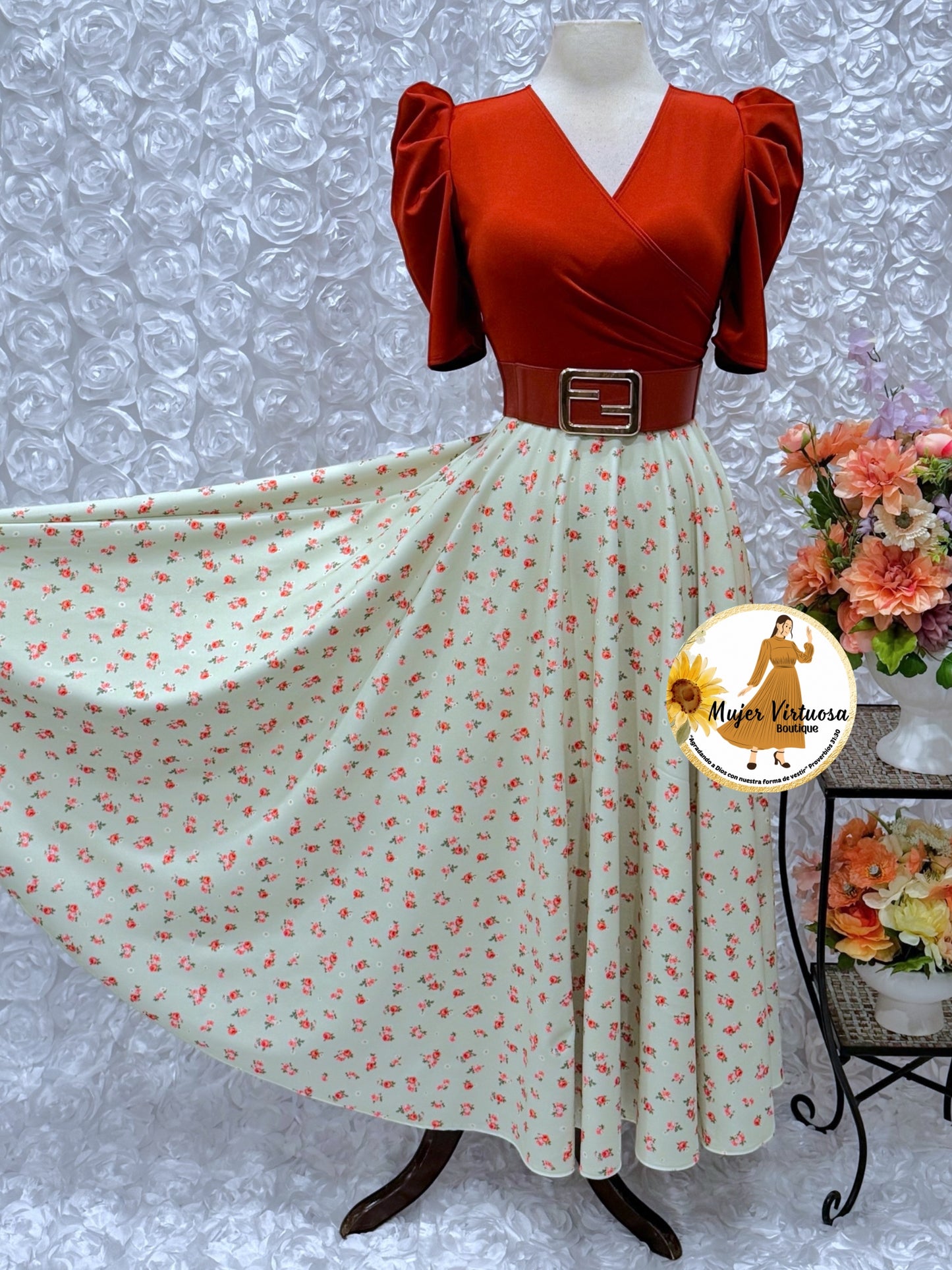 Susan Rust/Green Floral Dress