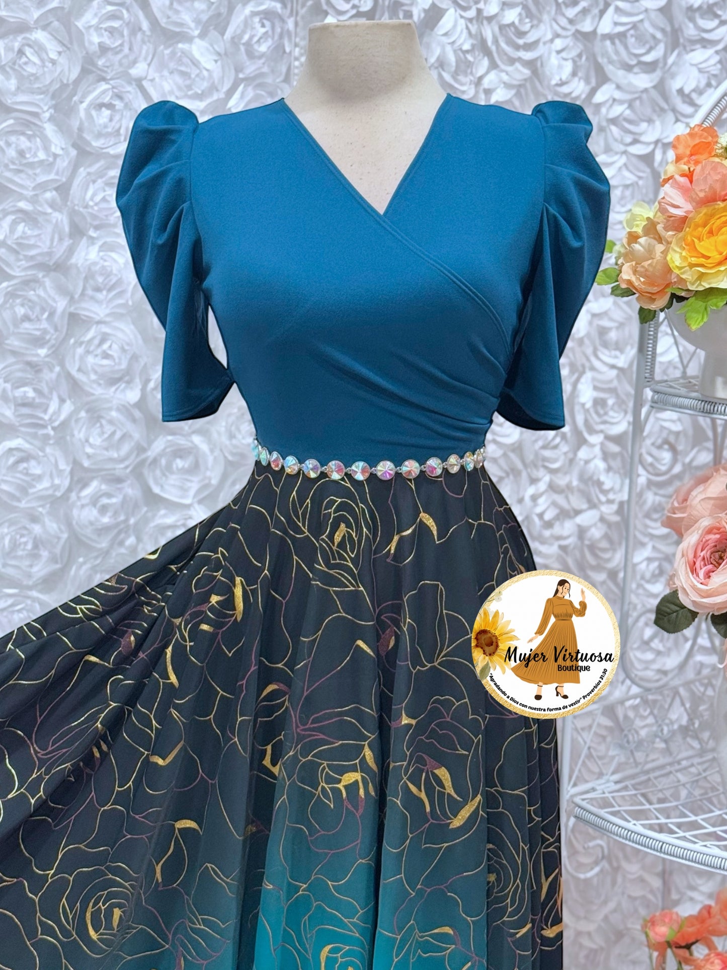 Susan Teal & Gold Ombre Mesh Dress
