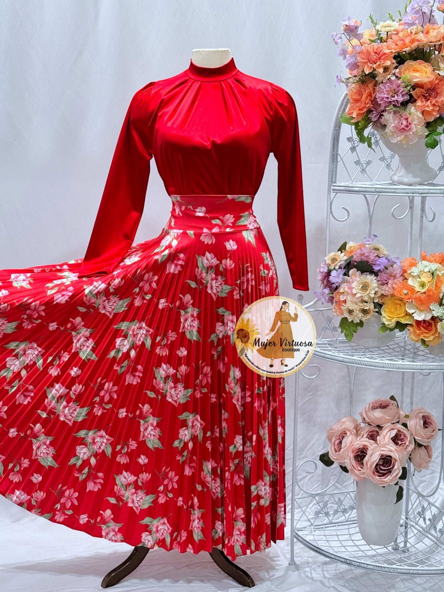 Red Floral Pleated Satin Skirt