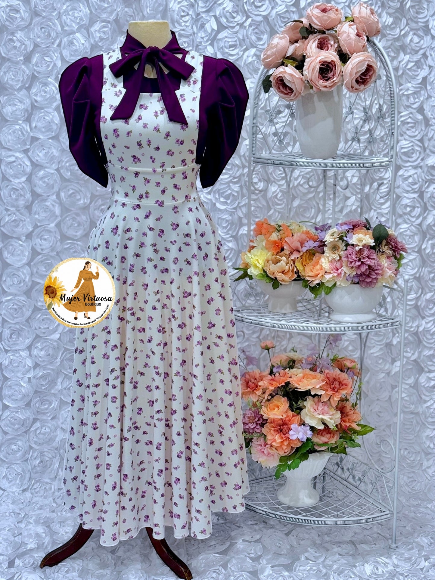Angie Purple & White Ditsy Floral Overall