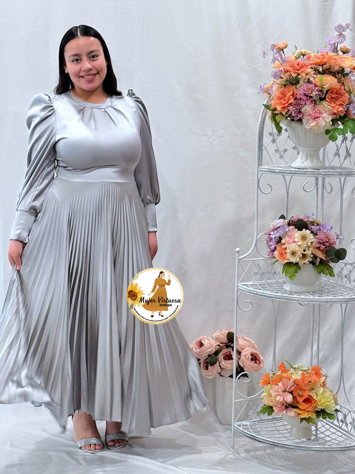 Litzy Silver Grey Satin Pleated Dress