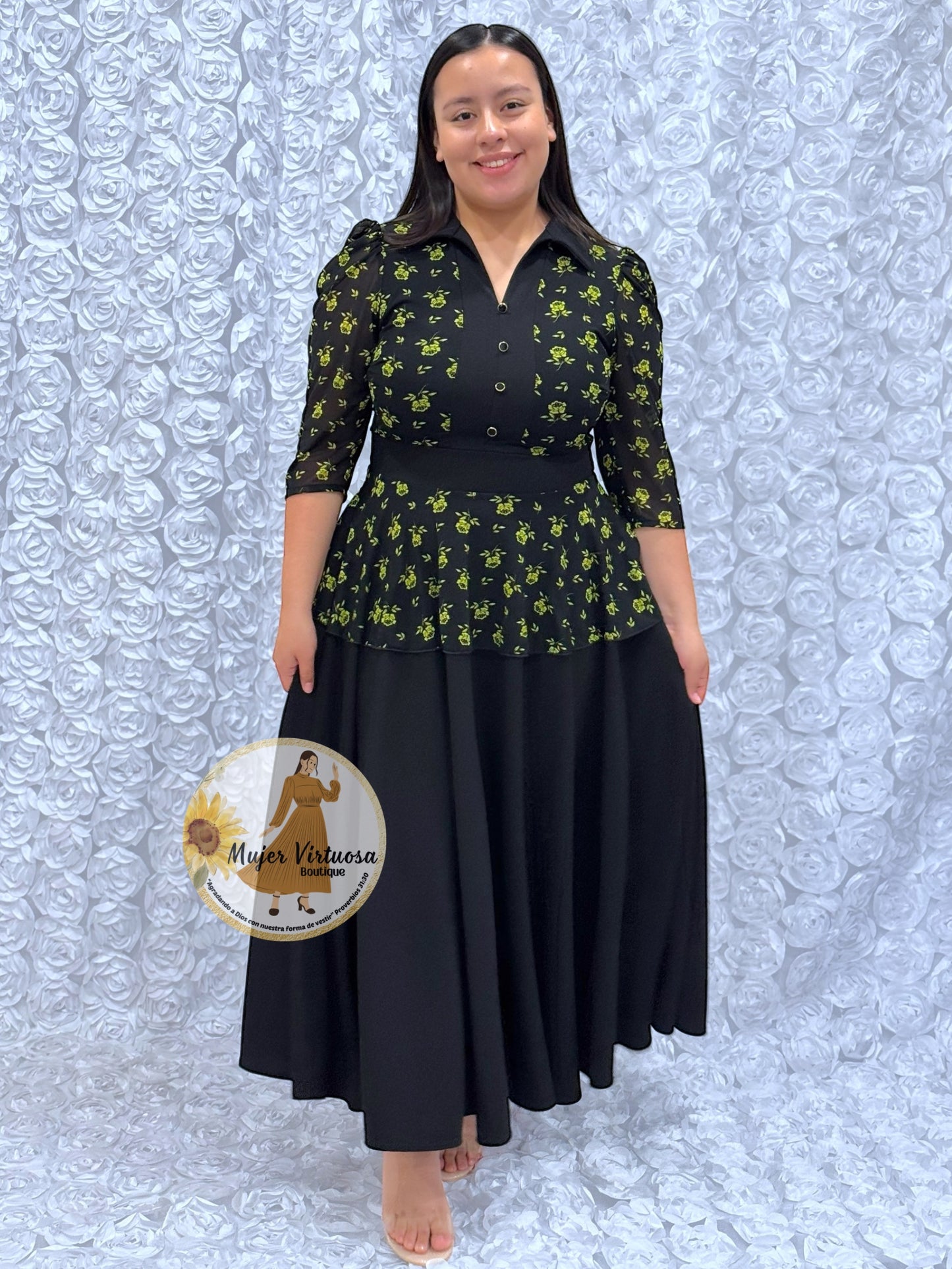Analy Black & Lime Flowers Dress