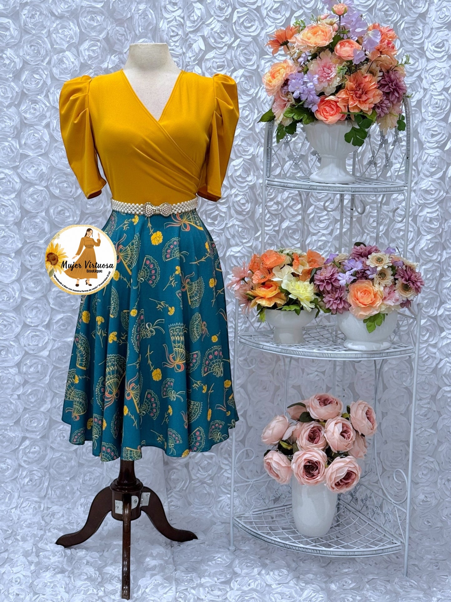 Mustard & Teal Floral Midi Dress