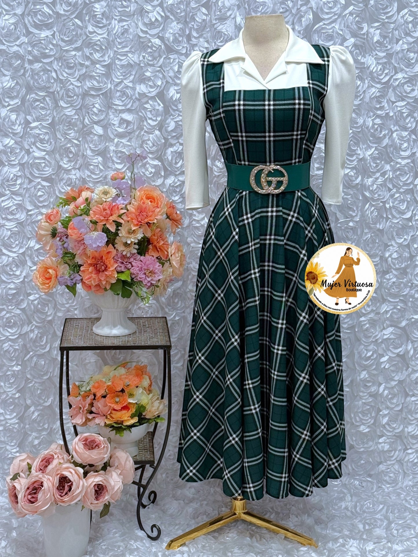 White/Green Plaid 2 in 1 Dress