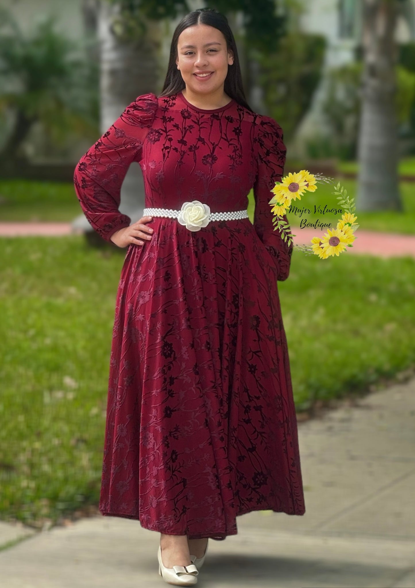 Ophelia Burgundy Velvet On Chiffon Dress