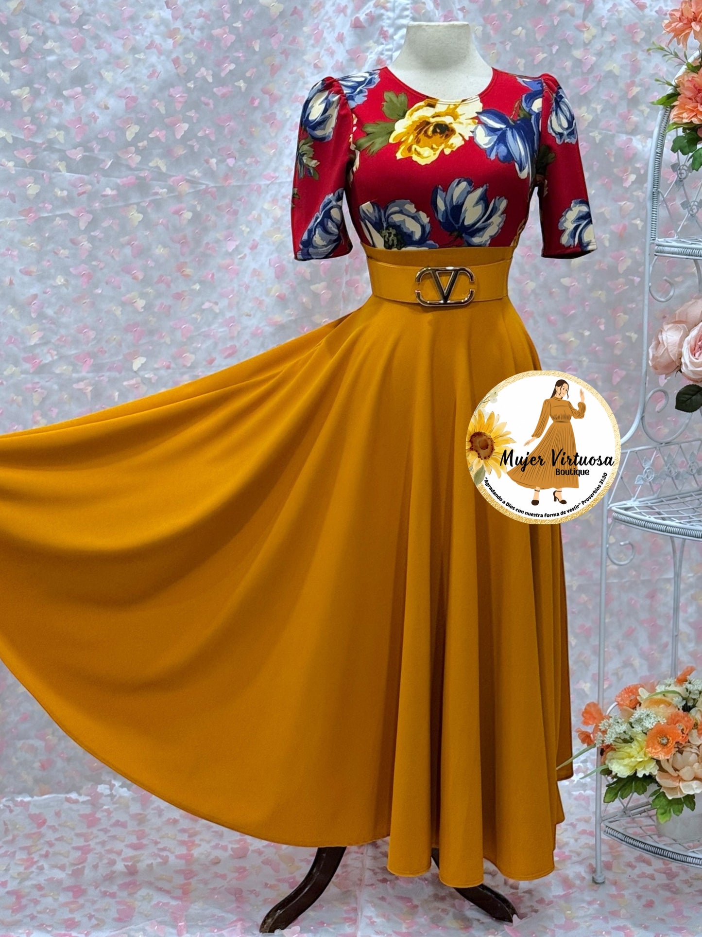 Eliana Wine/Mustard Floral Dress