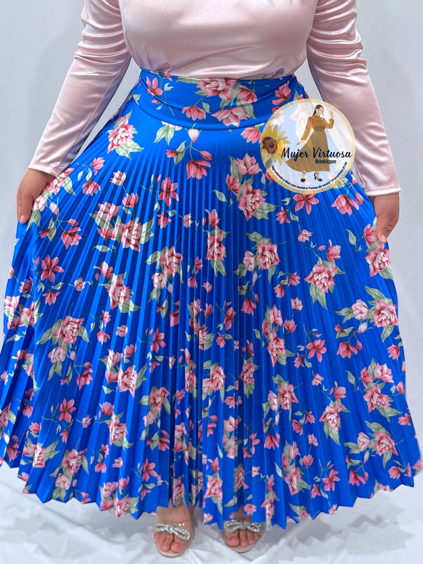 Royal Floral Pleated Satin Skirt