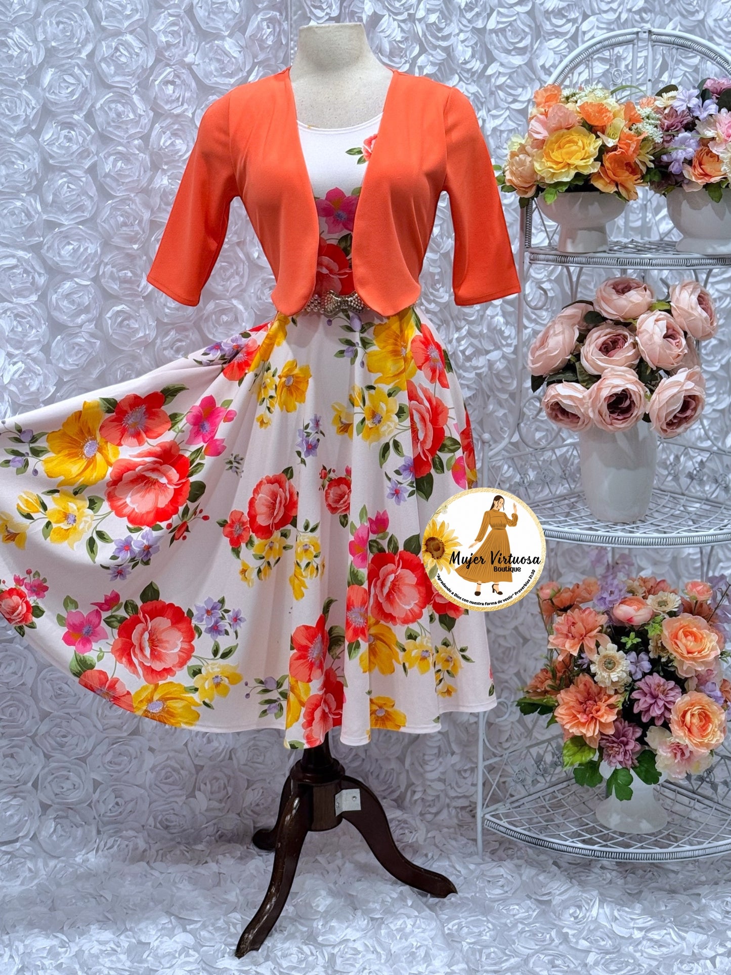 Clara Orange/White Floral Midi Dress